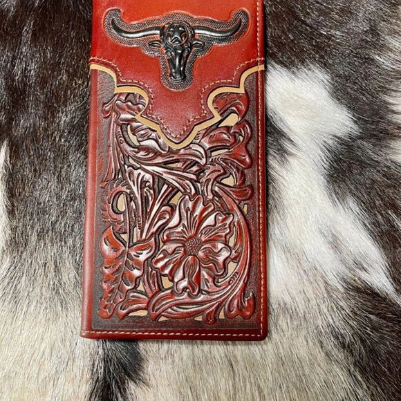 Western Cowboy Wallet Genuine Leather Bi-fold Long wallet for Men Long Horn.